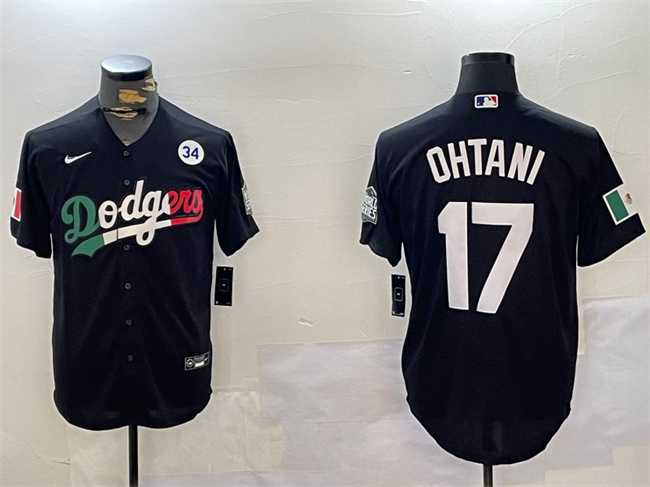 Mens Los Angeles Dodgers #17 Shohei Ohtani Black Mexico 2024 World Series With No. 34 Patch Cool Base Stitched Baseball Jersey